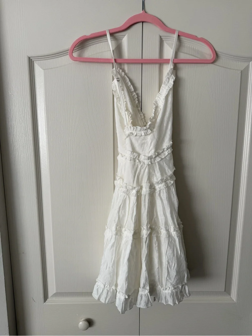 White V-Neck Ruffle Mini Dress - Women's Sleeveless - Picture 7 of 7